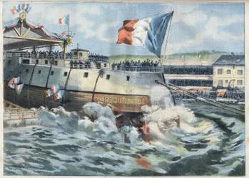 Lancering van het slagschip Republique in Brest, Frankrijk. Gravure in Le Petro Parisien