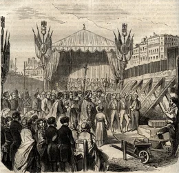 Legging van de eerste steen van het nieuwe Louvre op 25 juli