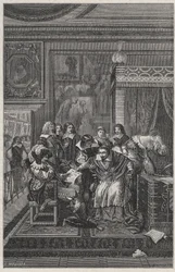 Le Cardinal de Richelieu mourant Lithografie door Charles Motte (1785-1836) in 