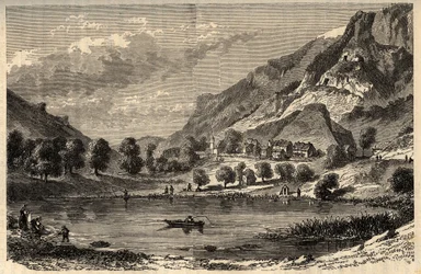 Le Lauzet-Ubaye - Het meer van Lauzet - gemeente in het departement Alpes-de-Haute-Provence in Zuidoost-Frankrijk - gravure in 