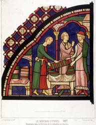 De stoffenhandelaar (detail) uit de ramen van de kathedraal van Chartres (facsimile van een glas-in-loodraam uit de 13e eeuw)
