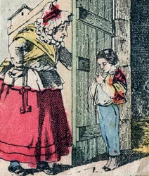 Le Pere Fouettard, Franse figuur voor de geselende vader, legendarisch figuur uit folklore die stoute kinderen straft: zijn vrouw, La Mere Fouettard de geselende moeder, die berouwvolle kinderen brengt - Epinal afbeelding