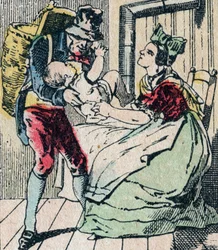 Le Pere Fouettard Franse figuur voor de geselende vader, legendarische figuur uit de folklore die stoute kinderen straft en de ongehoorzame opsluit, Epinal afbeelding 19e eeuw (gravure)