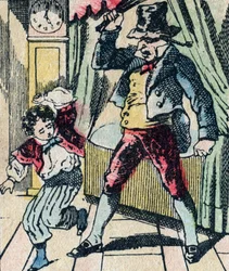 Le Pere Fouettard legendarische figuur uit de folklore, die ongehoorzame kinderen straft met zijn zweep, en ongehoorzame kinderen opsluit, afbeelding van Epinal