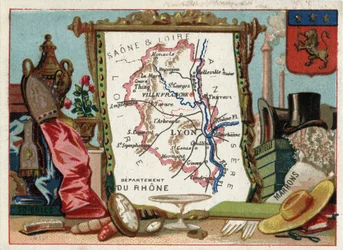 Le Rhone (69), Rhone Alpes, Frankrijk. Lokale specialiteit: zijde, bruin, kant. Serie over de Franse departementen. Chromolithografie, circa 1920. Privécollectie.