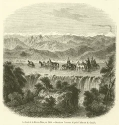 De sprong van de Platte Steen, in Chili (gravure)