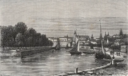 De haven van Vannes (Morbihan, Frankrijk) - gravure in "La France illustree: geografie, geschiedenis, administratieve statistiek" door V.-A. Malt-Brown. 1884