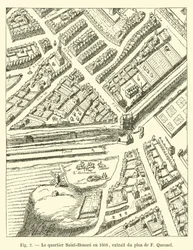 De wijk Saint-Honoré in 1608, uit het plan van F Quesnel