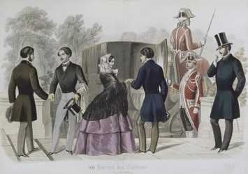 Vertrek voor een rit in een koets, illustratie uit Le Journal des Tailleurs, 1856