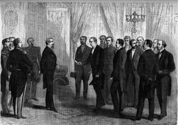 Keizer Napoleon III ontvangt in de Tuilerieën de Mexicaanse delegatie die de kroon van Mexico aanbiedt aan prins Maximiliaan (Maximiliaan I van Mexico). Parijs
