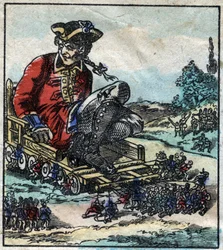 Lemuel Gulliver, een gevangene wordt vervoerd op een kar getrokken door de Lilliputters. Illustratie voor 