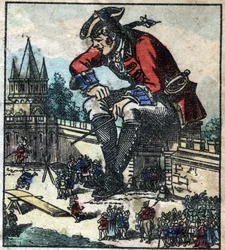 Lemuel Gulliver zittend op de vestingmuur van de stad legt de strategie uit aan het Lilliputiaanse leger. Illustratie voor "Gulliver