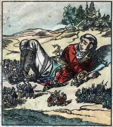 Lemuel Gulliver werd wakker na zijn schipbreuk en werd gevangengenomen door de Lilliputters. Illustratie voor "Gulliver