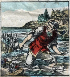 Lemuel Gulliver vuurde de schepen van het Blefuscu-leger naar de hoofdstadshaven van Lilliput. Illustratie voor "Gulliver