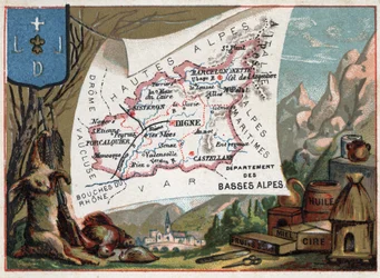 Les Basse Alpes (Basse-Alpes), tegenwoordig departement van de Alpes-de-Haute-Provence (Alpes de Haute-Provence 04), Frankrijk. Lokale specialiteit: jacht, was, honing, gedroogde vruchten en olie. Serie over de Franse departementen. Chromolithografie 