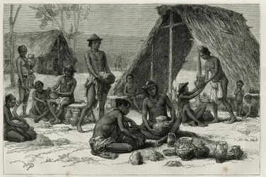 Les Indiens Galibis (of Kalinas) maken aardewerk, gravure door D.Maillart, ter illustratie van de ontdekkingsreis in het binnenland van Guyana door Dr. Jules Crevaux, arts van de Franse marine, in 1876-1877, gepubliceerd in le tour du monde, onder leiding 
