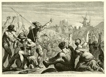 De Israëlieten juichen bij het zien van de heilige ark in hun kamp (gravure)