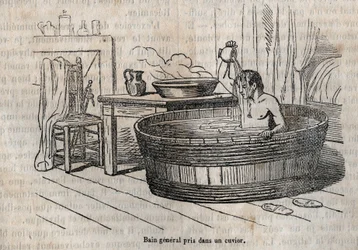 De gebaren van het bad - Hygiëne in de 19e eeuw - bad in een kom - gravure in 