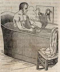 De gebaren van het bad - Hygiëne in de 19e eeuw - man in een badkuip - gravure in 