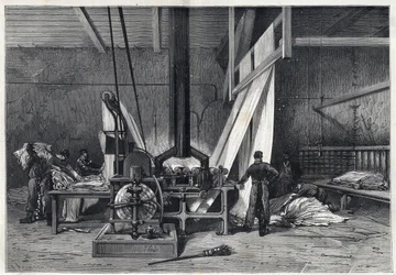De grote fabrieken - Verven erie Boutarel in Clichy la Garenne - Het weefsel van de stoffen - gravure uit 1869