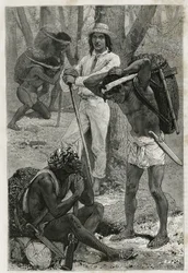 Les porters (caucheros), in Darien (regio van oostelijk Panama), gravure naar een tekening van D.Maillart, ter illustratie van het verhaal Exploration at the isthms of Panama and Darien, door A. Reclus, luitenant van schip, van 1876 tot 1878, gepubliceerd 