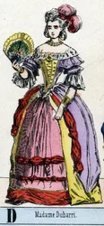 Letter D zoals mevrouw Dubarri. Portret van Jeanne Becu, genaamd de Cantigny, gravin du Barry (1743-1793) favoriet van Lodewijk XV, koning van Frankrijk. Abecedarium van het Theatraal Museum. Beeld van Epinal, circa 1830. Afm: 37,7x47,5cm. Houtsneden, gest
