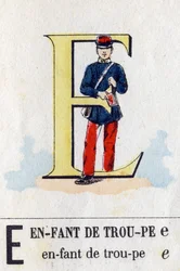 Letter E als een troep kind. Militair alfabet. Beeldvorming van Epinal, circa 1870-1880. Stencil-gekleurde houtsneden.