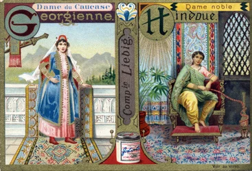 Letter G als Georgische Kaukasische Dame en H als Hindoe Adellijke Dame. Vrouwenalfabet. Serie van 12 afbeeldingen. Liebig reclame