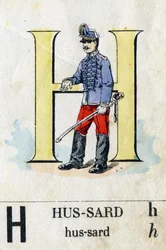 Letter H als een huzaar. Militair alfabet. Beeldvorming van Epinal, circa 1870-1880. Stencil-gekleurde houtsneden.