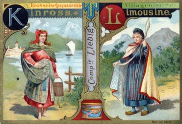 Letter K: Schot uit Kinross en L als dorpsvrouw uit Limousin. Vrouwenalfabet. Serie van 12 afbeeldingen. Liebig reclame