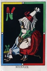 Letter N als een verpleegster. Alfabet van apen. Houtsnede. Beeldvorming van Epinal