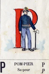 Letter P als brandweerman. Militair alfabet. Beeld van Epinal, circa 1870-1880. Stencil-gekleurde houtsneden