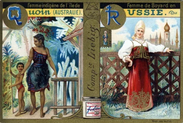 Letter Q als Inheemse Vrouw van Quoin Island en R als Boyars Vrouw in Rusland. Vrouwenalfabet. Serie van 12 afbeeldingen. Liebig reclame