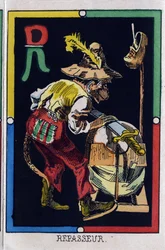 Letter R als een pastoor. Alfabet van apen. Houtsnede. Beeldvorming van Epinal