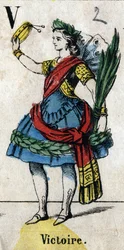 Letter V: Victoire. Gravure in "Alfabet maskerades". Nieuwe Epinal beeldvorming. Druk-lithografie Pinot et Sagaire, uitgevers, Epinal, tweede helft van de 19e eeuw. Plaat Nr 491 met 25 verlichte letters. Afm: 40,5x28cm