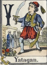 Letter Y: Yatagan. Recreatief alfabet. Epinal beeld, circa 1880