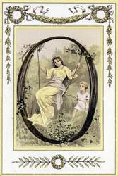 Brief met een schommelende moeder en haar zoon, eind 19e eeuw (chromolithografie)