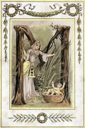 Brief die een Egyptische moeder die een verlaten kind vindt (Mozes redt wateren) voorstelt, eind 19e eeuw (chromolithografie)