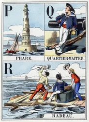 Letters P als vuurtoren, letter Q als kwartiermeester, letter R als vlot. Marine abecedarium van 16 pagina