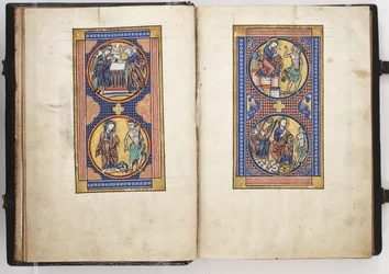 Lewis Psalter ff.8v-9r, Presentatie in de Tempel, en de Drie Verleidingen van Christus, c.1225-40 (tempera & goud op perkament)