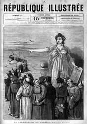 Bevrijding van het grondgebied: de Franse Republiek verdrijft ongeautoriseerde religieuze congregaties van Frans grondgebied na de decreten van maart 1880 genomen door Jules Ferry en ontneemt hen het recht om les te geven. Een krant. Gravure uit 1880 in 