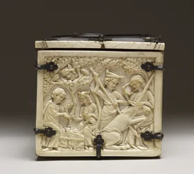 Deksel van een kistje met het "Kasteel van de Liefde en ridders die toernooien", ca. 1330-50