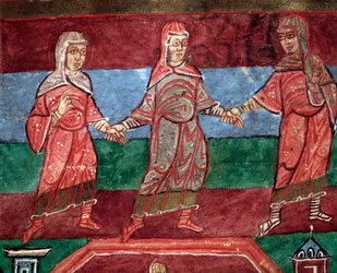Leven van st Radegund van Poitiers, vrouwen dansen en zingen wereldlijke liederen (miniatuur)