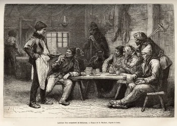 Het interieur van een houthakkerskamp in Ontario. Gravure naar een tekening van D. Maillard.