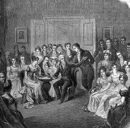 Literair salon in de 19e eeuw: Francois Auguste Parceval de Grandmaison (Parceval Grandmaison, Parceval-Grandmaison) (1759-1834) leest verzen uit zijn gedicht 