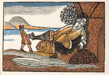 Klein Duimpje uit Histories or Tales of Past Times verteld door Moeder de Gans, met moraal, door M Perrault, pub. 1925 (handgekleurde houtsnede)