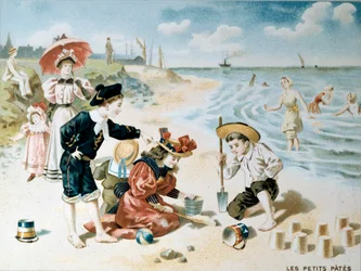 Kleine pasta: kinderen spelen op het strand met zand. Illustratie van het begin van de 20e eeuw