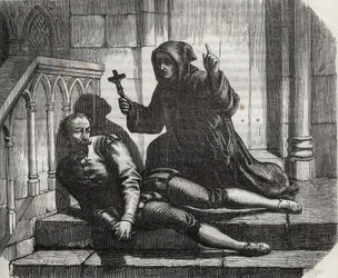 Kanselier Thomas More (1478-1535) in de gevangenis omdat hij weigerde het koninklijk zegel te geven voor het huwelijk van koning Hendrik VIII (1491-1547) met Anne de Boleyn.