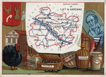 Lot et Garonne (Lot-et-Garonne, 47), Aquitaine, Frankrijk. Tabaksfabriek, kalkoenkwekerij, wijn, kurken, pruimen, brandewijn, terpentijn. Portret van Bernard Germain Etienne de Laville-sur-Illon, Graaf van Lacepede (of de la Cepede)