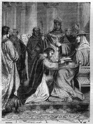 Lotharia I (795-855) aan de voeten van paus Adrien II (792-872). Gravure in 